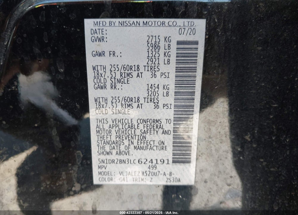 2020 NISSAN PATHFINDER VIN: 5N1DR2BN3LC624191