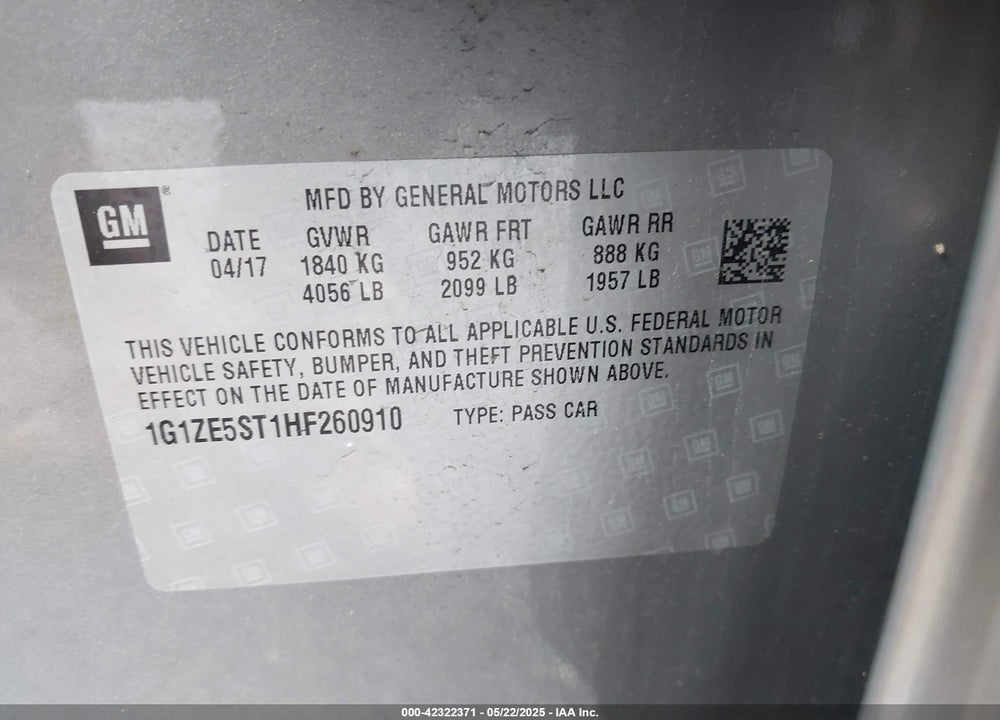 2017 CHEVROLET MALIBU VIN: 1G1ZE5ST1HF260910