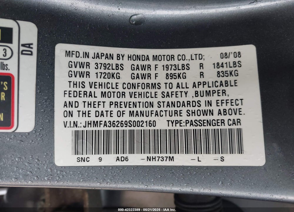 2009 HONDA CIVIC HYBRID VIN: JHMFA36269S002160
