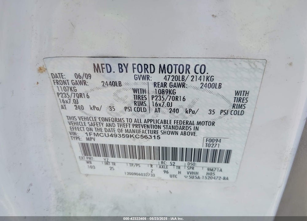 2009 FORD ESCAPE HYBRID VIN: 1FMCU49359KC56315