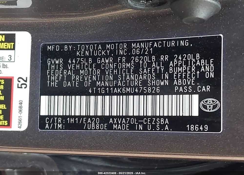 2021 TOYOTA CAMRY VIN: 4T1G11AK6MU475826