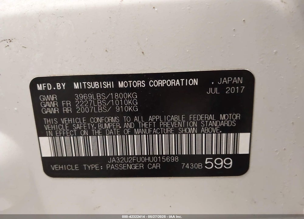 2017 MITSUBISHI LANCER VIN: JA32U2FU0HU015698
