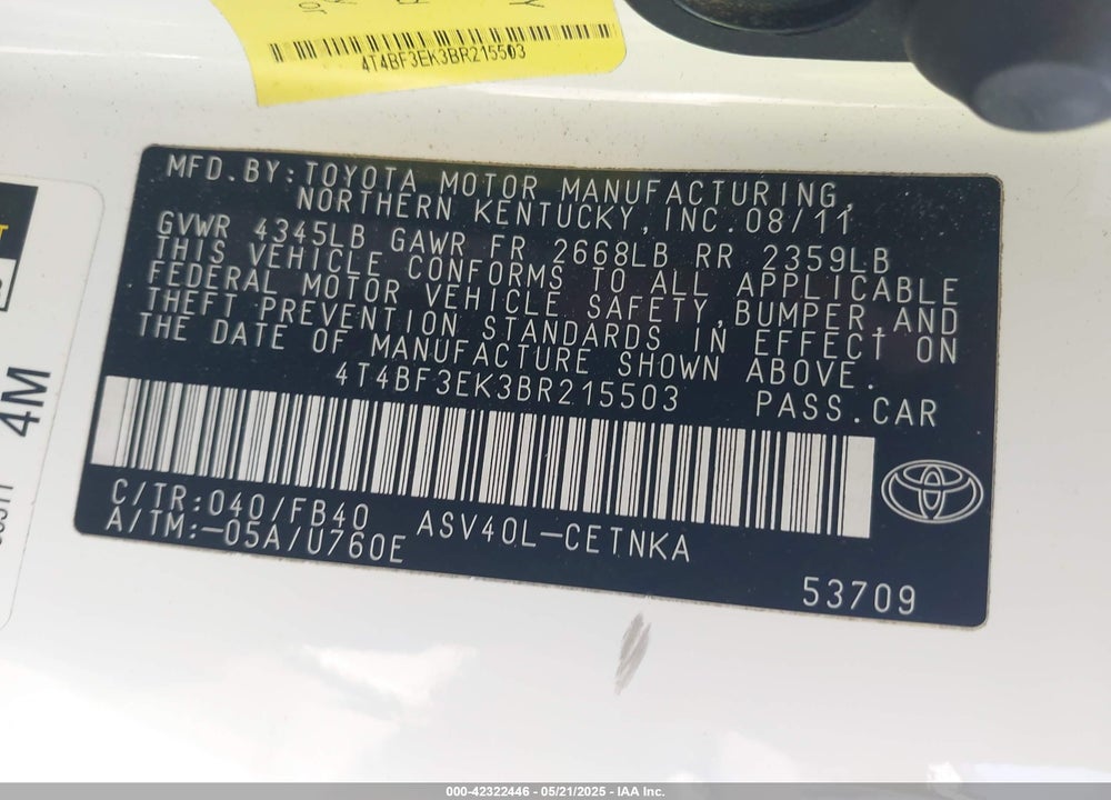 2011 TOYOTA CAMRY LE/SE/XLE VIN: 4T4BF3EK3BR215503