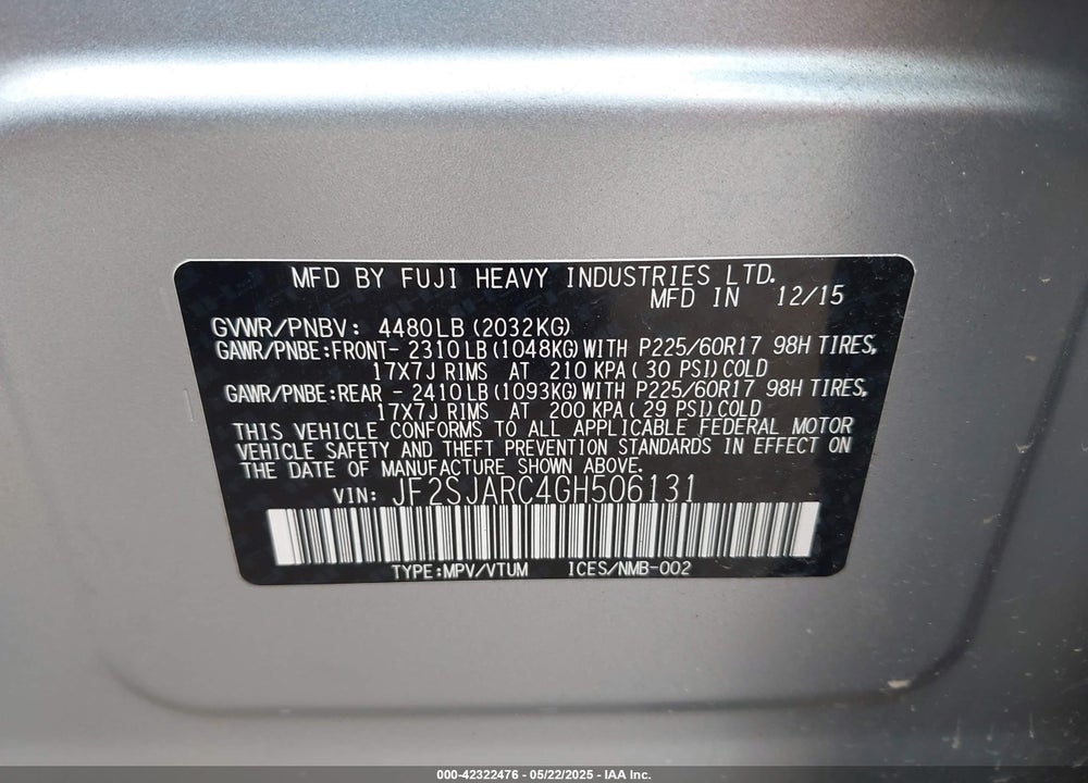 2016 SUBARU FORESTER 2.5I LIMITED VIN: JF2SJARC4GH506131