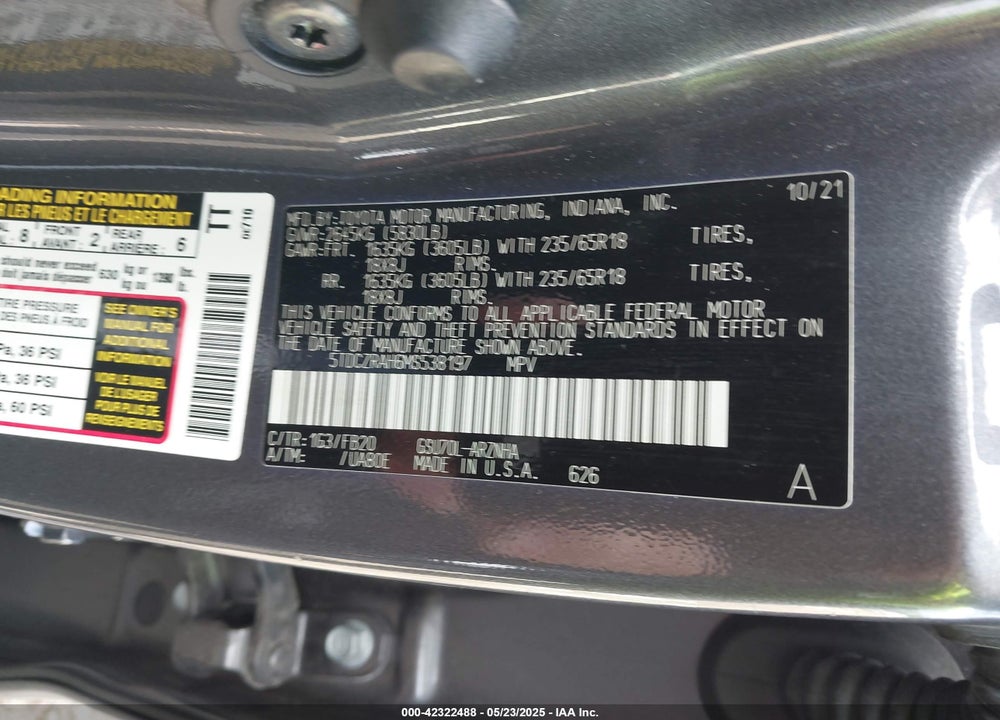2021 TOYOTA HIGHLANDER L VIN: 5TDCZRAH6MS538197