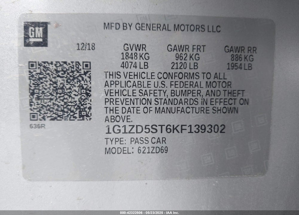2019 CHEVROLET MALIBU VIN: 1G1ZD5ST6KF139302