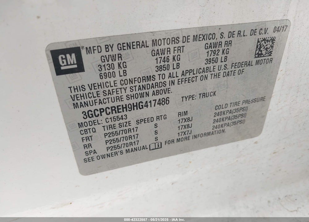 2017 CHEVROLET SILVERADO 1500 VIN: 3GCPCREH9HG417486