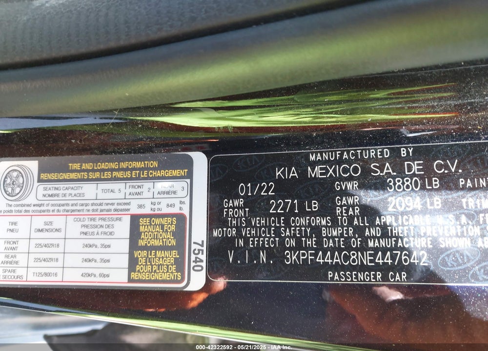 2022 KIA FORTE VIN: 3KPF44AC8NE447642