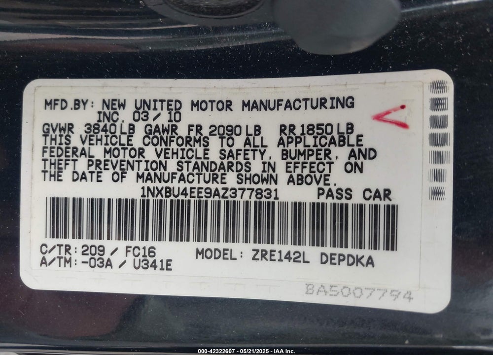 2010 TOYOTA COROLLA LE VIN: 1NXBU4EE9AZ377831