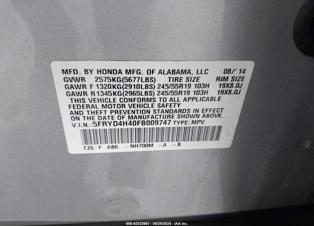 2015 ACURA MDX VIN: 5FRYD4H40FB009747