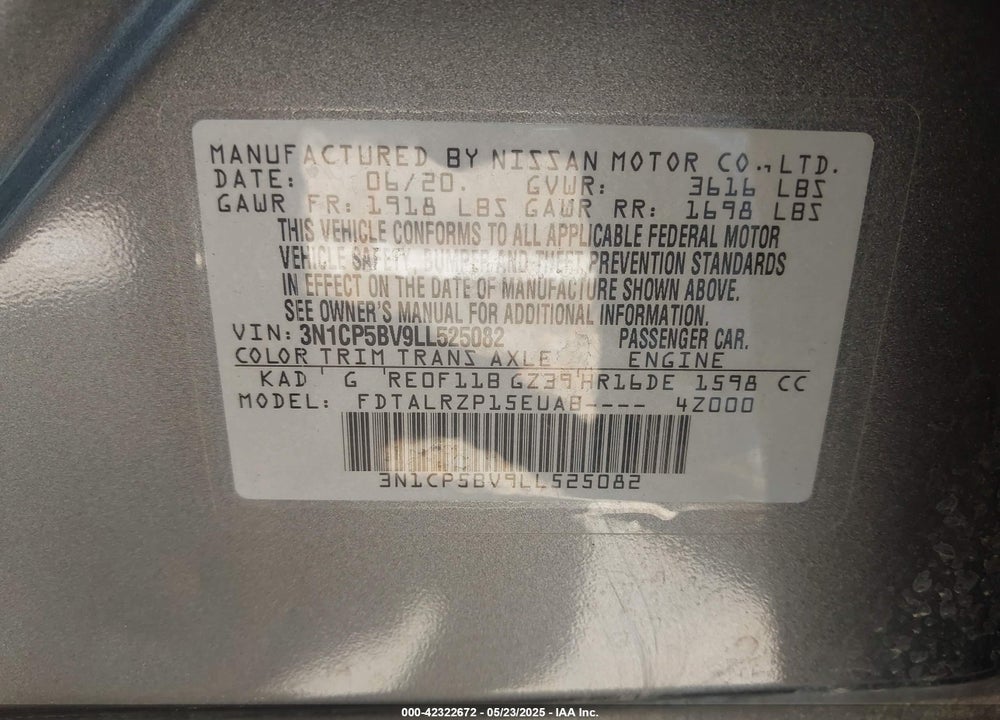 2020 NISSAN KICKS S XTRONIC CVT VIN: 3N1CP5BV9LL525082