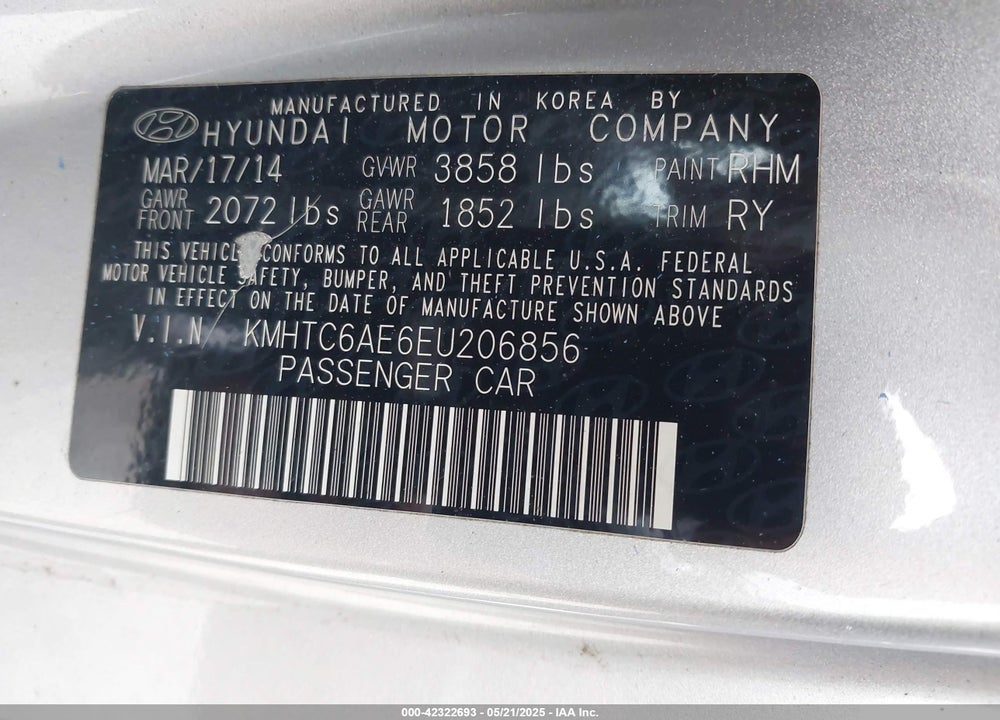 2014 HYUNDAI VELOSTER VIN: KMHTC6AE6EU206856