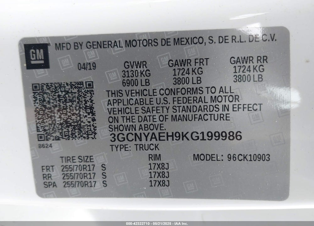 2019 CHEVROLET SILVERADO 1500 WORK TRUCK VIN: 3GCNYAEH9KG199986