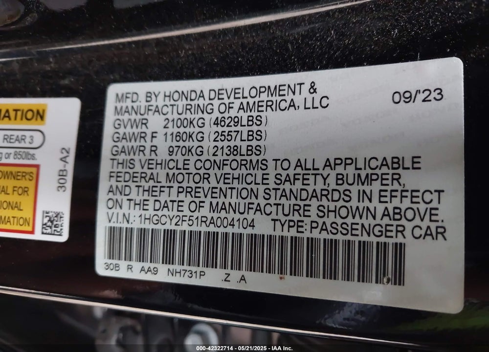 2024 HONDA ACCORD HYBRID SPORT VIN: 1HGCY2F51RA004104