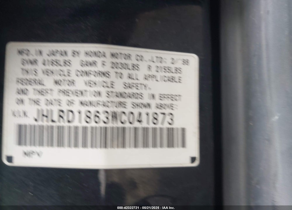 1998 HONDA CR-V EX VIN: JHLRD1863WC041873