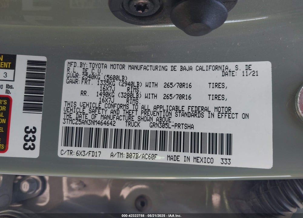 2022 TOYOTA TACOMA VIN: 3TMCZ5AN3NM464642