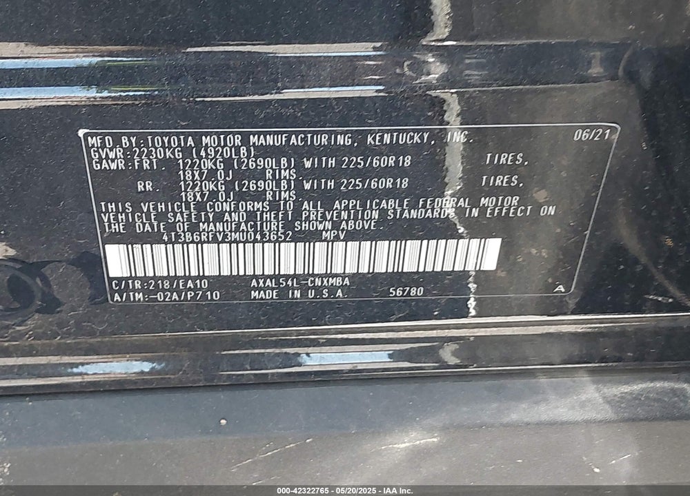 2021 TOYOTA RAV4 HYBRID XLE PREMIUM VIN: 4T3B6RFV3MU043652
