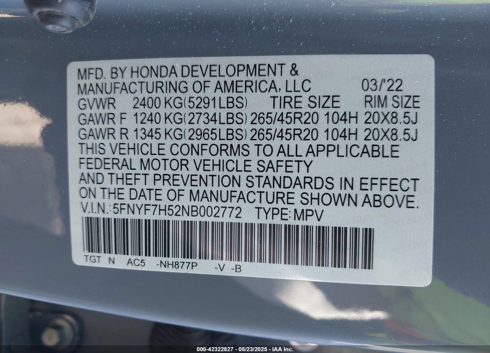 2022 HONDA PASSPORT 2WD EX-L VIN: 5FNYF7H52NB002772
