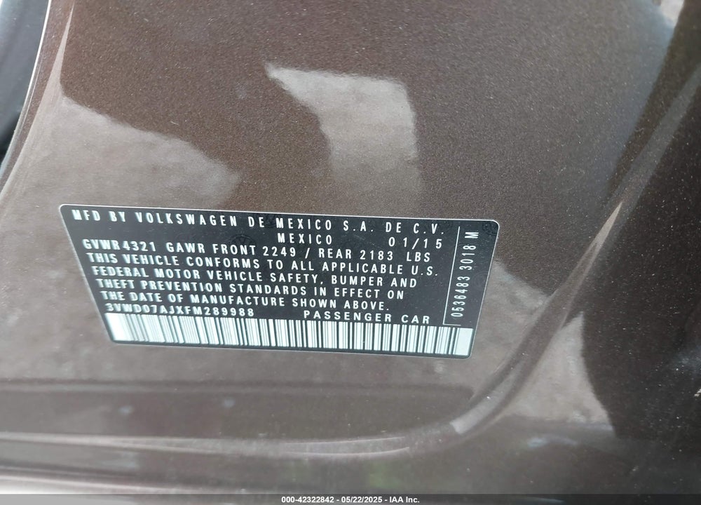 2015 VOLKSWAGEN JETTA VIN: 3VWD07AJXFM289988