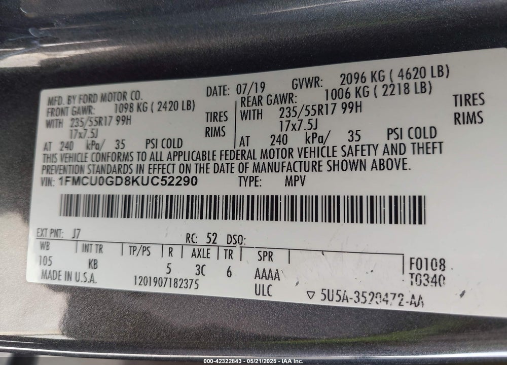 2019 FORD ESCAPE SE VIN: 1FMCU0GD8KUC52290