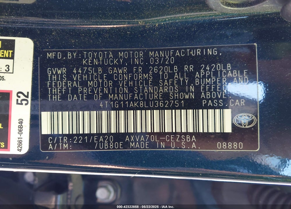 2020 TOYOTA CAMRY VIN: 4T1G11AK8LU362751