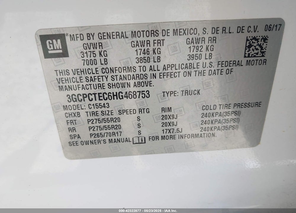 2017 CHEVROLET SILVERADO VIN: 3GCPCTEC6HG468753