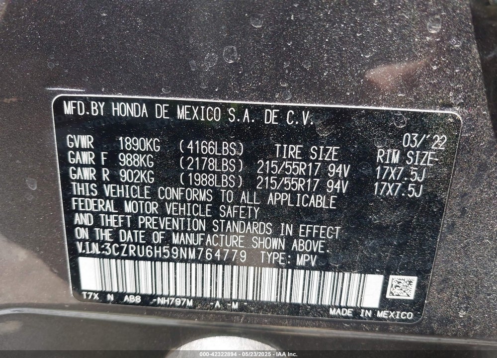 2022 HONDA HR-V VIN: 3CZRU6H59NM764779