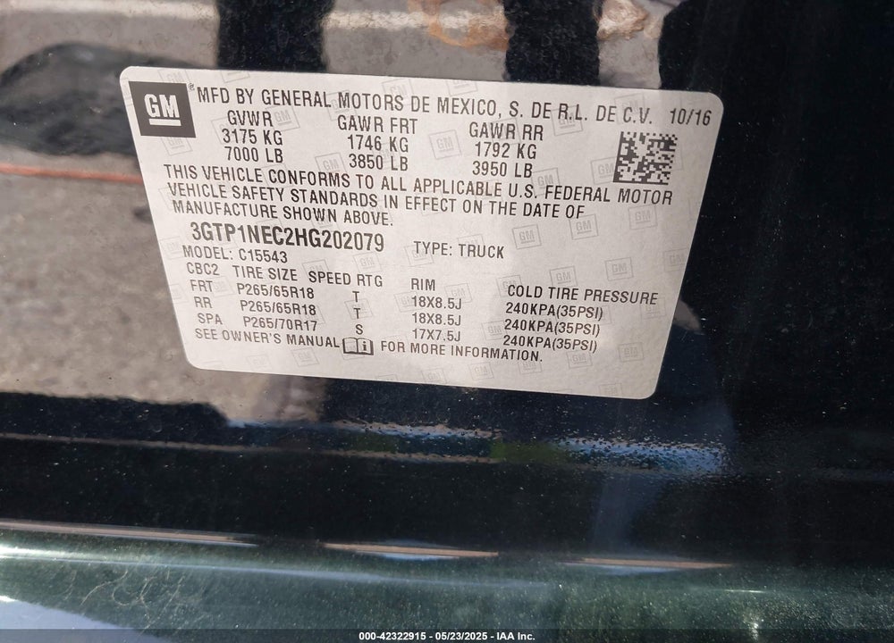 2017 GMC SIERRA VIN: 3GTP1NEC2HG202079