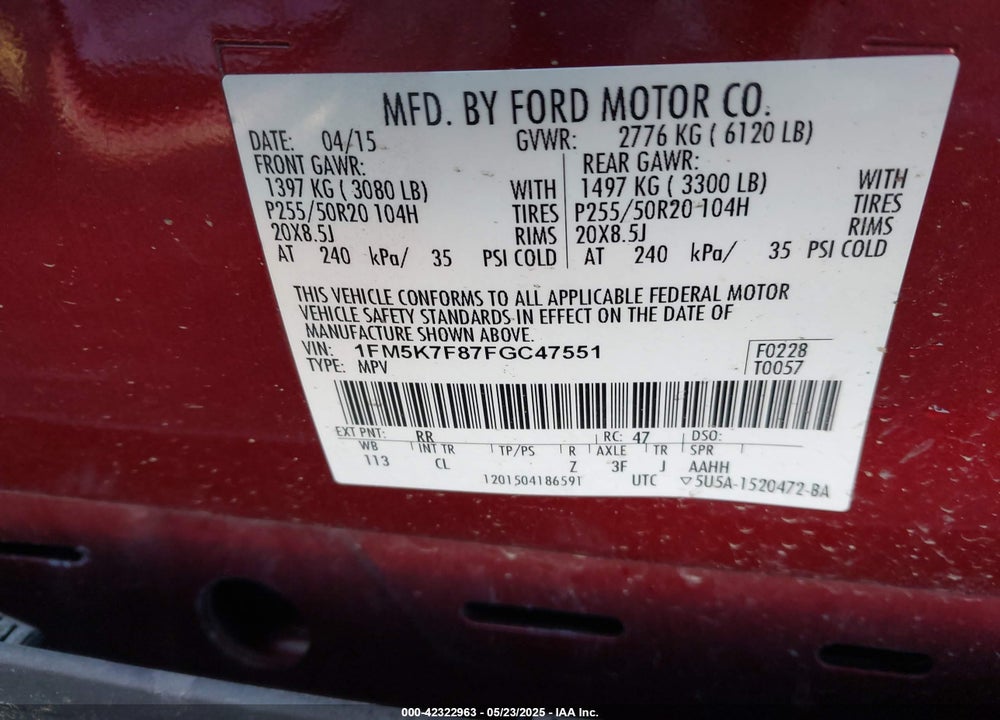 2015 FORD EXPLORER LIMITED VIN: 1FM5K7F87FGC47551