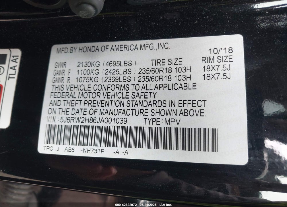 2018 HONDA CR-V EX-L/EX-L NAVI VIN: 5J6RW2H86JA001039
