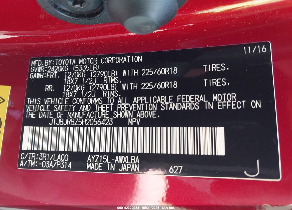 2017 LEXUS NX 300H VIN: JTJBJRBZ5H2056423