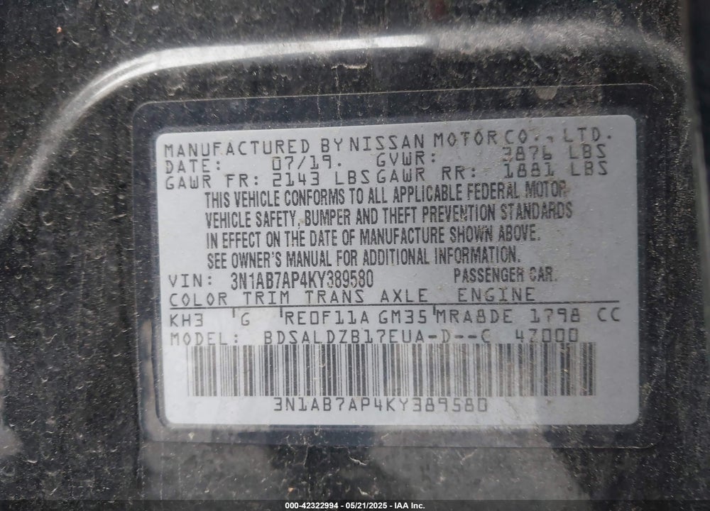2019 NISSAN SENTRA VIN: 3N1AB7AP4KY389580