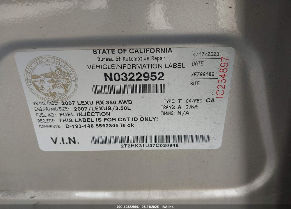 2007 LEXUS RX 350 VIN: 2T2HK31U37C020948