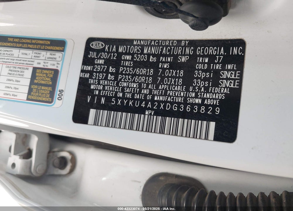 2013 KIA SORENTO VIN: 5XYKU4A2XDG363829
