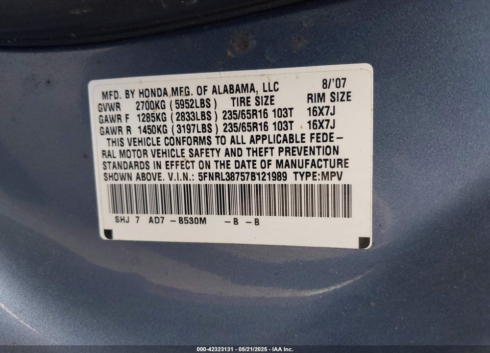 2007 HONDA ODYSSEY VIN: 5FNRL38757B121989