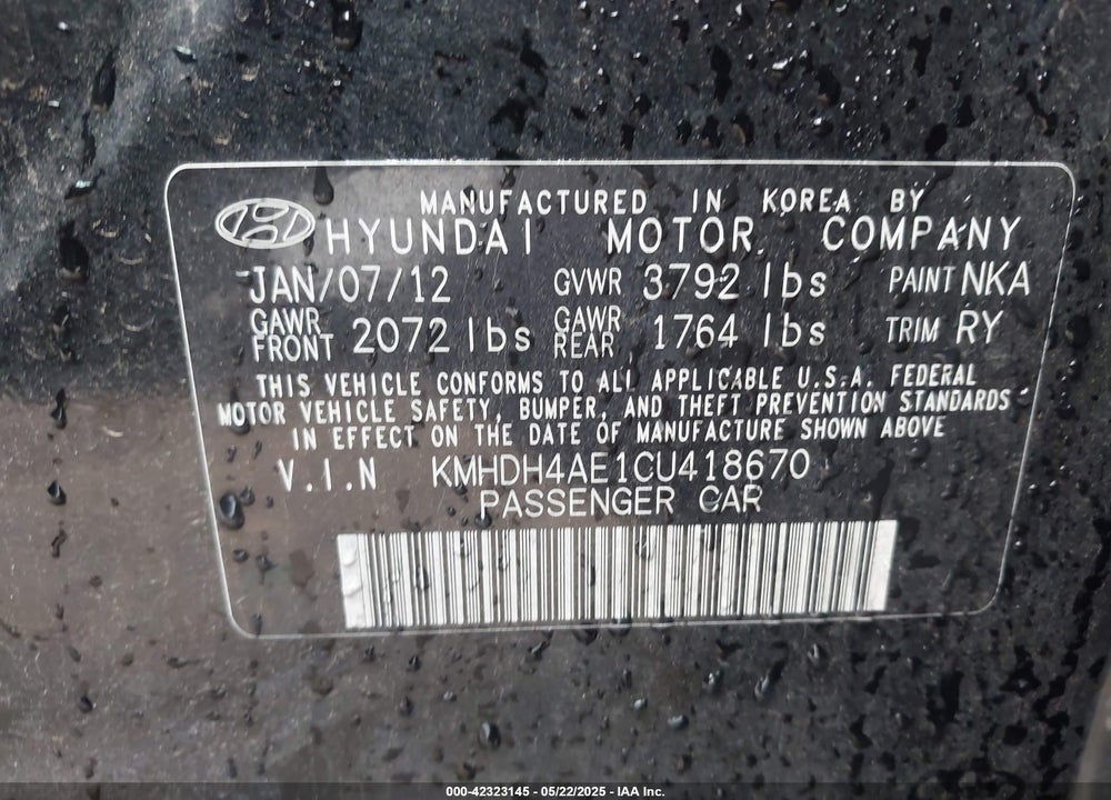 2012 HYUNDAI ELANTRA VIN: KMHDH4AE1CU418670