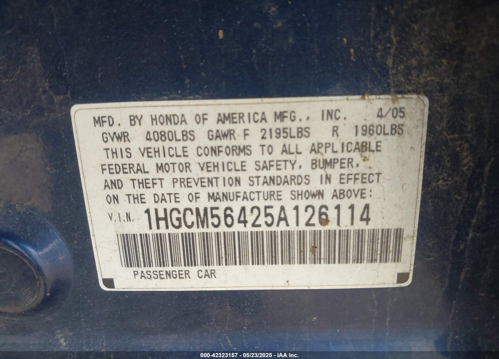 2005 HONDA ACCORD 2.4 LX VIN: 1HGCM56425A126114