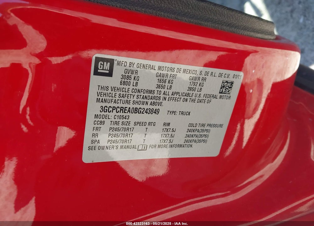 2011 CHEVROLET SILVERADO 1500 VIN: 3GCPCREA0BG243849
