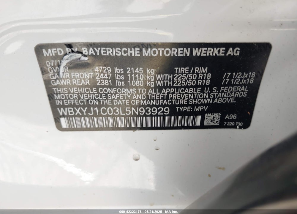 2020 BMW X2 VIN: WBXYJ1C03L5N93929