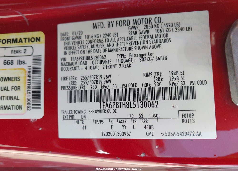 2020 FORD MUSTANG VIN: 1FA6P8TH8L5130062