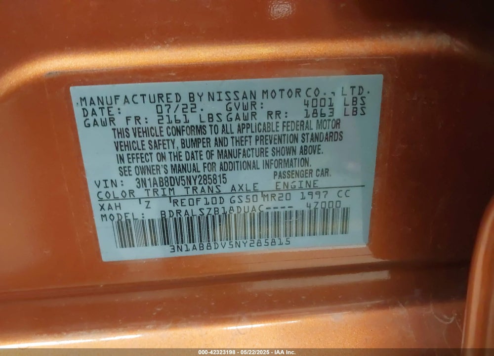 2022 NISSAN SENTRA VIN: 3N1AB8DV5NY285815