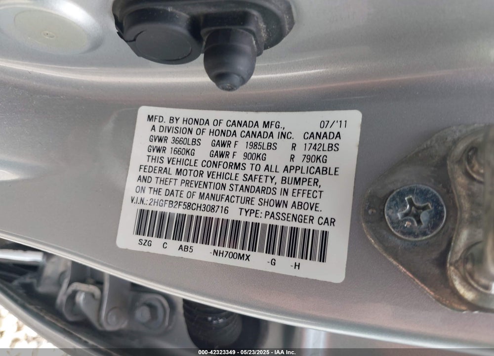 2012 HONDA CIVIC VIN: 2HGFB2F58CH308716