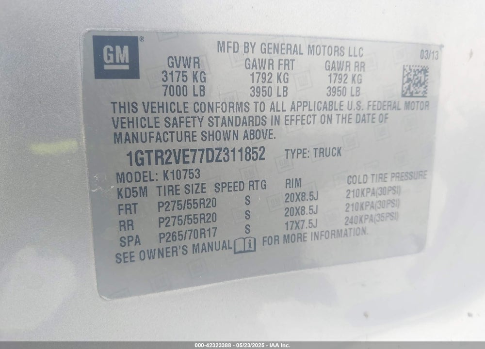 2013 GMC SIERRA VIN: 1GTR2VE77DZ311852