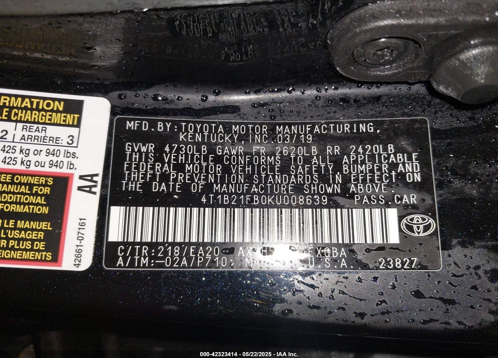 2019 TOYOTA AVALON HYBRID VIN: 4T1B21FB0KU008639
