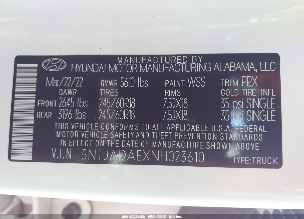 2022 HYUNDAI SANTA CRUZ VIN: 5NTJADAEXNH023610