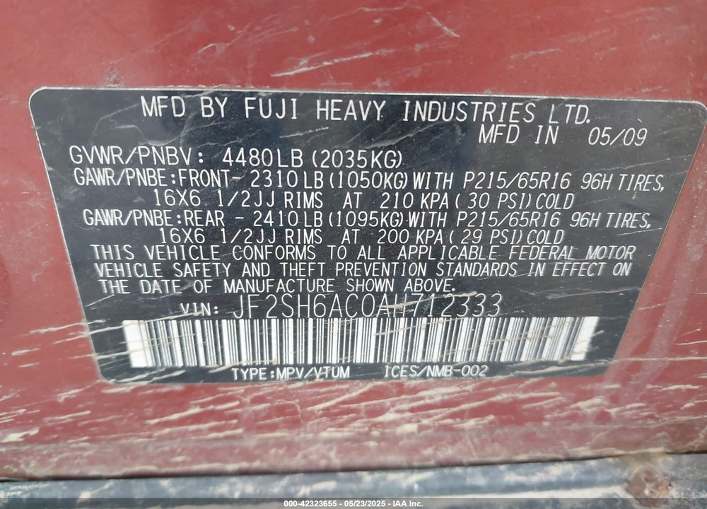 2010 SUBARU FORESTER VIN: JF2SH6AC0AH712333