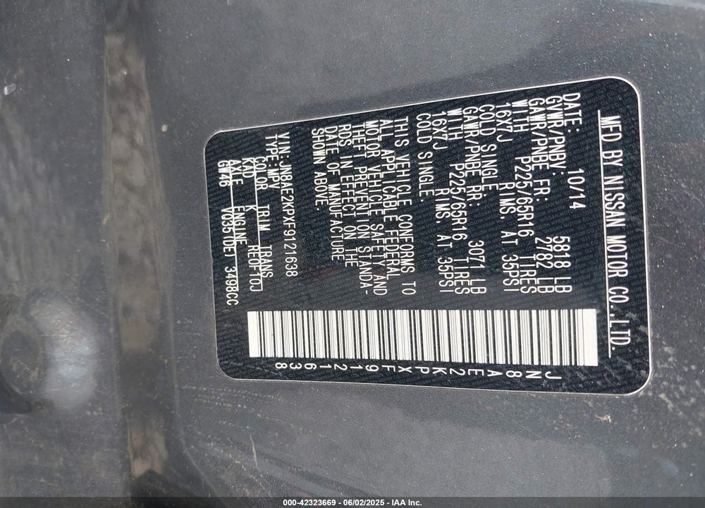2015 NISSAN QUEST VIN: JN8AE2KPXF9121638
