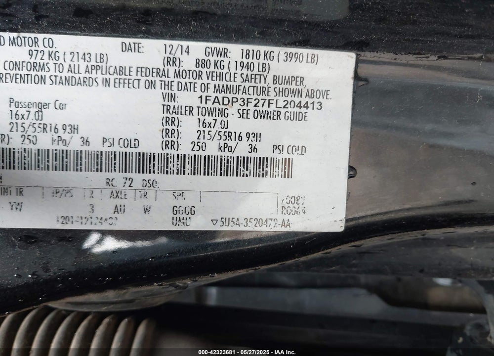 2015 FORD FOCUS VIN: 1FADP3F27FL204413