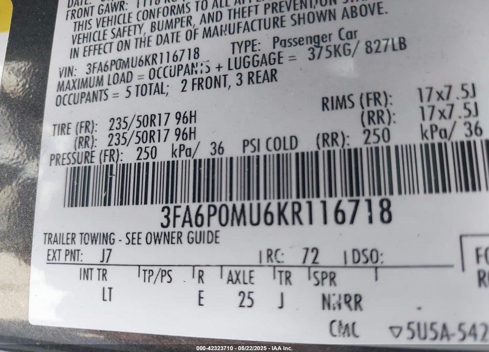 2019 FORD FUSION HYBRID SEL VIN: 3FA6P0MU6KR116718