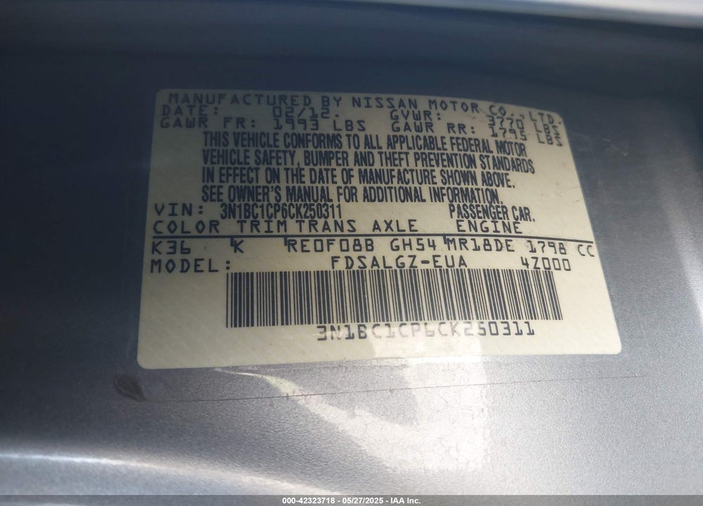 2012 NISSAN VERSA VIN: 3N1BC1CP6CK250311